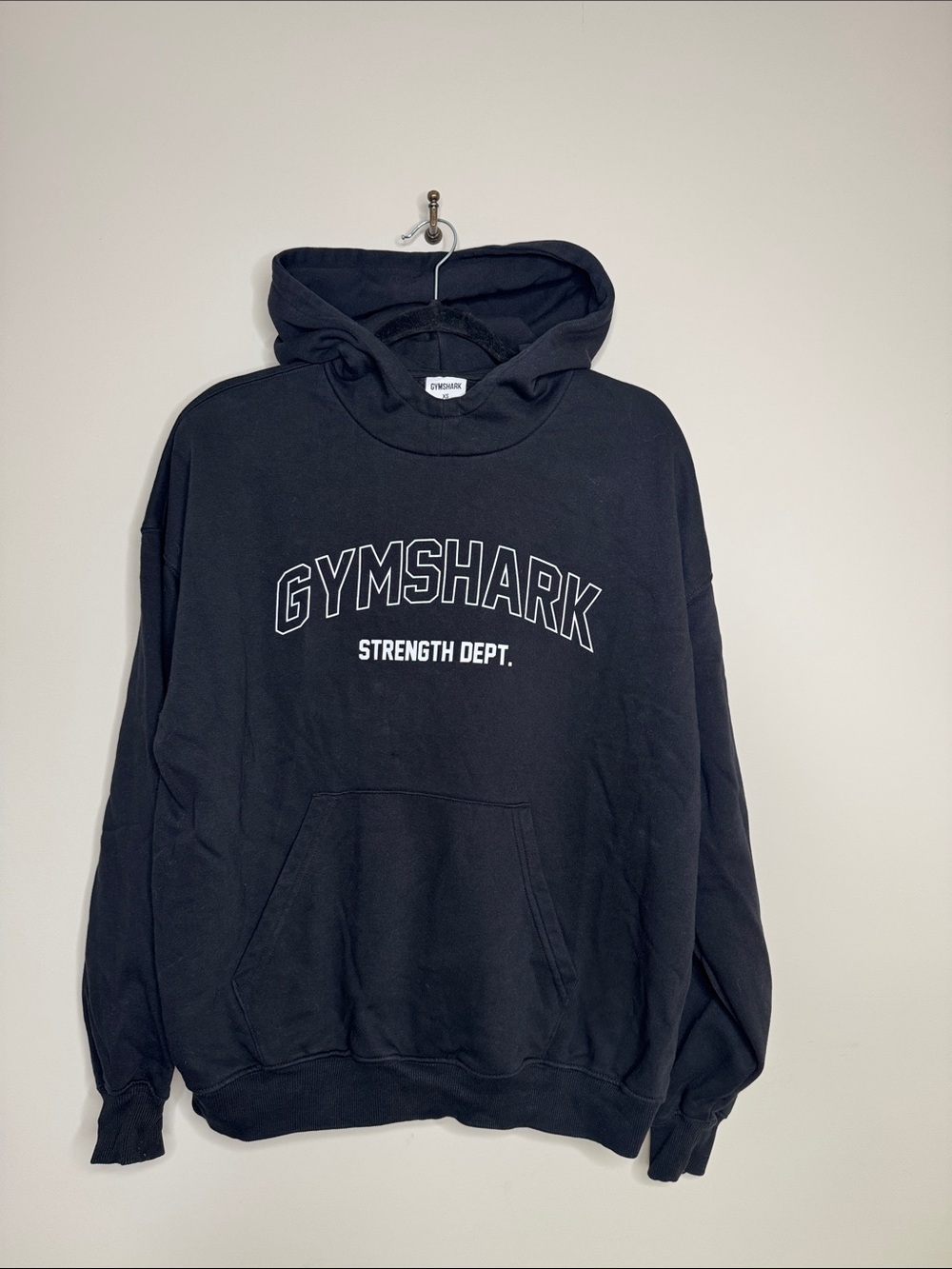 Gymshark Black Hoodie with 'GYMSHARK Strength Dept.' Logo Size XS